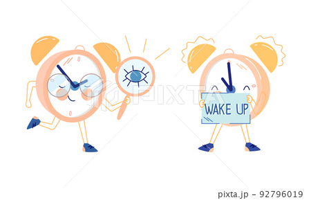 Funny Clock Character in Glasses Running with Magnifying Glass and Waking Up Vector Set Funny Clock Character in Glasses Running with Magnifying Glass and Waking Up Vector Set 92796019