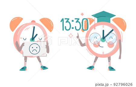Funny Clock Character in Glasses and Graduation Hat and Showing Sad Grimace Vector Set 92796026