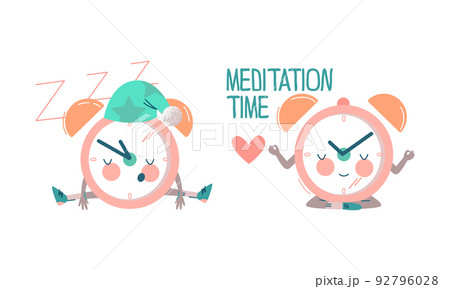 Funny Clock Character Sleeping in Night Cap and Meditating in Yoga Pose Vector Set Funny Clock Character Sleeping in Night Cap and Meditating in Yoga Pose Vector Set 92796028