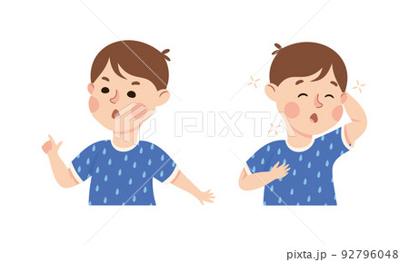 Little Boy Demonstrating Facial Expression and Emotion Pointing Finger and Holding Head Feeling Dizziness Vector Set Little Boy Demonstrating Facial Expression and Emotion Pointing Finger and Holding Head Feeling Dizziness Vector Set 92796048
