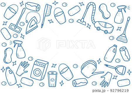 Doodle style vector cleaning elements. A set of drawings of cleaning products and items. Room washing kit Doodle style vector cleaning elements. A set of drawings of cleaning products and items. Room washing kit 92796219