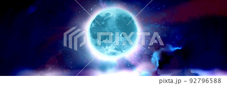 星空と幻想的な宇宙と怪しく青く輝く満月のファンタジー背景ワイドサイズイラスト 92796588