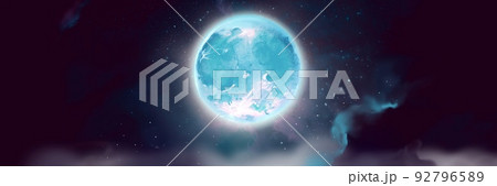 星空と幻想的な宇宙と怪しく青く輝く満月のファンタジー背景ワイドサイズイラスト 92796589