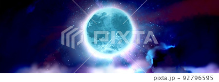 星空と幻想的な宇宙と怪しく青く輝く満月のファンタジー背景ワイドサイズイラスト 92796595