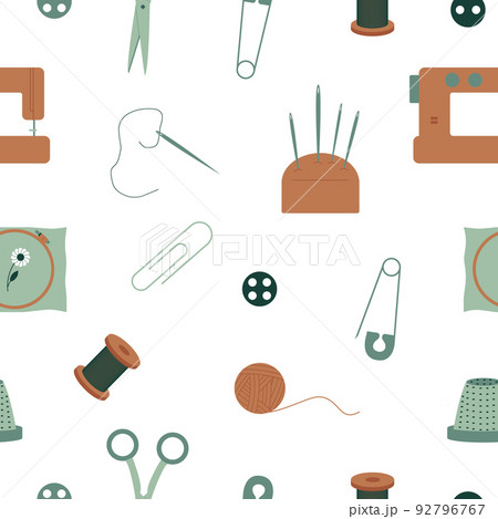 Seamless pattern with elements of equipment for crafts, needlework, sewing. Flat style. Vector 92796767