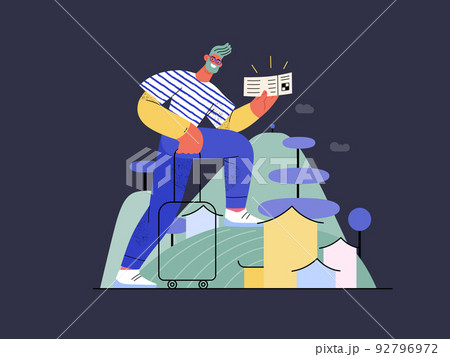 Travel shop -Online shopping and electronic commerce series -modern flat vector concept illustration of a travelling man with a case and ticket. Promotion, discounts, sale and online orders concept 92796972