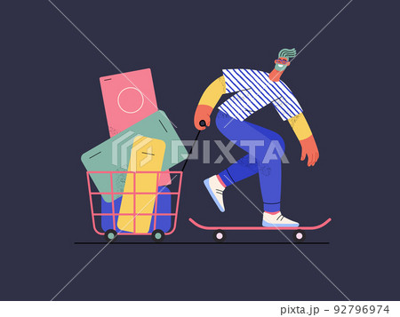 Express shopping -Online shopping and electronic commerce series - modern flat vector concept illustration, man on skateboard with shopping basket. Promotion, discounts, sale and online orders concept Express shopping -Online shopping and electronic commerce series - modern flat vector concept illustration, man on skateboard with shopping basket. Promotion, discounts, sale and online orders concept 92796974