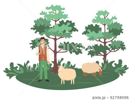 Sheep Farming Man, Shepherd with Herd on Nature 92798096