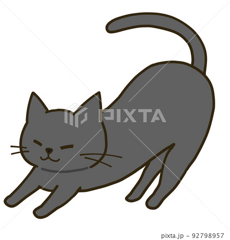 伸びをするシンプルな黒猫 92798957