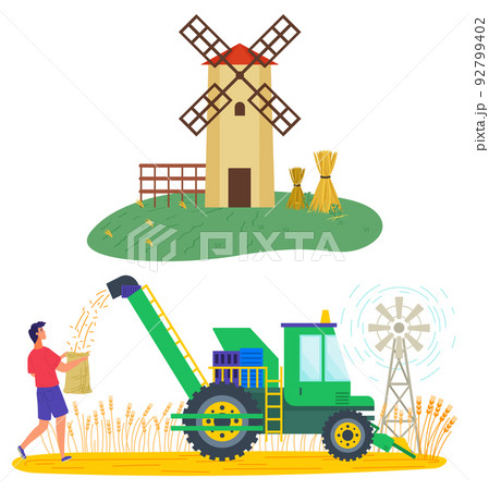 Harvesting Season, Windmill and Harvester Wheat 92799402