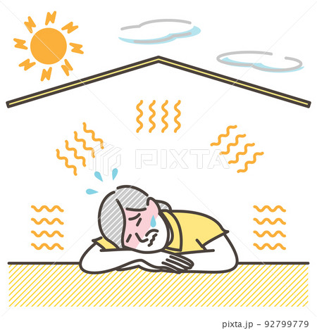 夏の屋内で熱中症にかかるシニア女性【ベクターイラスト素材】 92799779