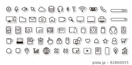 パソコンやスマホなどの情報端末やインターネット・情報記憶メディアなどのアイコンシールセット 92800055