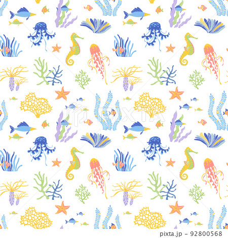 Marine Life flat vector seamless pattern background. Underwater animals wildlife 92800568