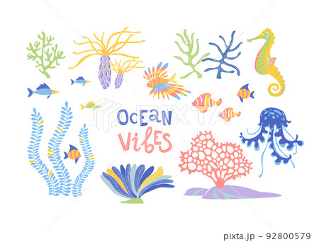 Marine wildlife hand drawn flat vector set. Ocean vibes lettering. 92800579