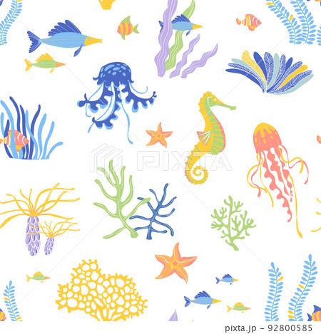 Marine Life flat vector seamless pattern background. Underwater animals wildlife 92800585