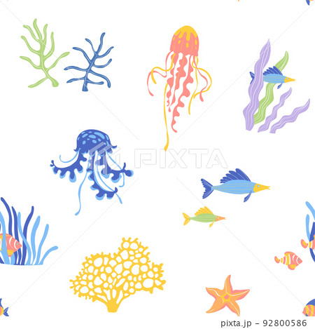 Marine Life flat vector seamless pattern background. Underwater animals wildlife 92800586
