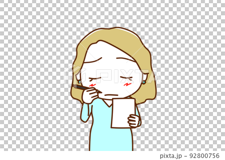 (Upper body front) Caucasian woman trying to take notes while worrying hard (Upper body front) Caucasian woman trying to take notes while worrying hard 92800756