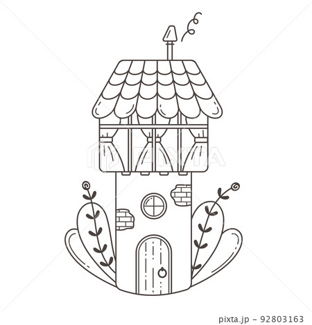 A tall house that looks like a tower. Vector illustration is hand-drawn in the style of doodles in black and white. Linear Art. 92803163