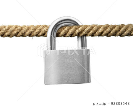 key lock on rope on white background closeup 92803548
