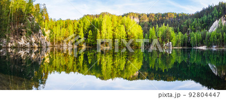 Panorama of Adrspach lake, part of Adrspach-Teplice Rocks Nature Reserve, Czech Republic 92804447