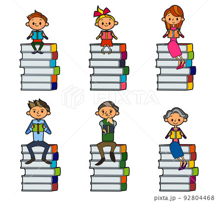 積み上げた本に座って読書をする家族線あり 92804468