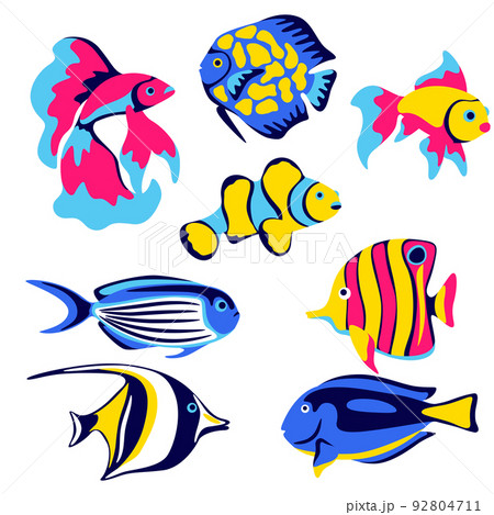 Set of tropical fishes. Marine life aquarium and sea animals. 92804711