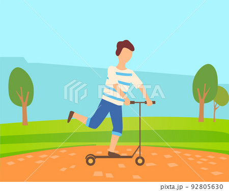 Young Boy Skates on Self Balancing Scooter in Park 92805630