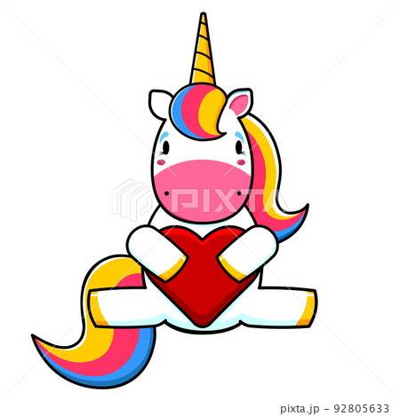 Cartoon Cute unicorn sitting and holding a heart Childish illustration. Vector image. Cartoon Cute unicorn sitting and holding a heart Childish illustration. Vector image. 92805633