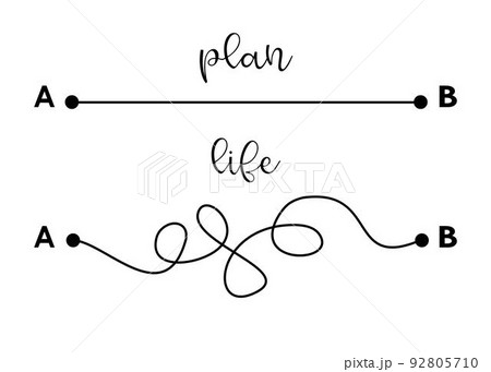 Plans versus real life, planning concept illustration by tangled and straight lines. Plans versus real life, planning concept illustration by tangled and straight lines. 92805710