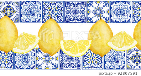Hand drawn watercolor seamless border with yellow citrus lemons, blue white portugese azulejo tiles. Bright summer holiday vintage frame, tasty fruit healthy juicy ripe. 92807591