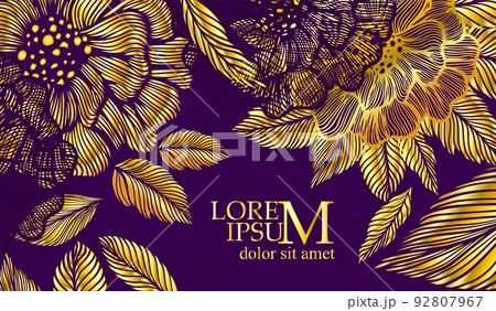 Luxurious golden wallpaper. Dark blue background with golden flowers. Vector illustration. Gold leaves wall art with shiny golden light texture. Modern art mural wallpaper. Vector illustration. 92807967