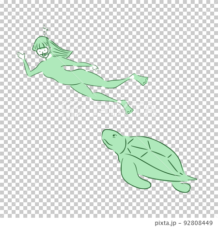 與海龜一起游泳的女潛水員 92808449