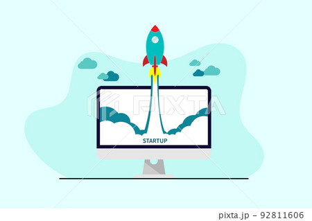 Business Start up concept, Rocket flying up and word startup on computer screen over blue background. Business Start up concept, Rocket flying up and word startup on computer screen over blue background. 92811606