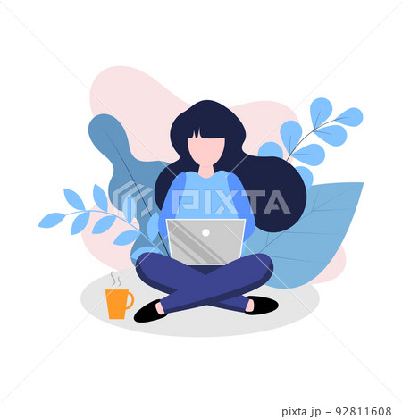 Woman using computer laptop, Freelance or studying, illustration in flat style. 92811608