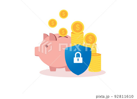 Piggy bank, dollar coins, shield protect, concept of money protection, financial saving insurance, Vector flat illustration. Piggy bank, dollar coins, shield protect, concept of money protection, financial saving insurance, Vector flat illustration. 92811610