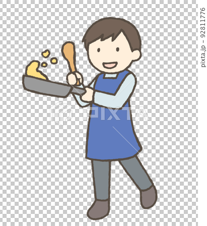 Illustration of a man frying food in a frying pan Illustration of a man frying food in a frying pan 92811776