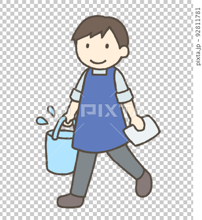 一個拿著水桶和抹布的男人的插圖 92811781