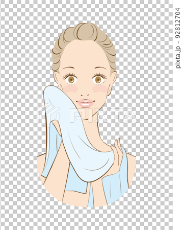 丁寧なスキンケアをする美しい女性　顔を拭く 92812704