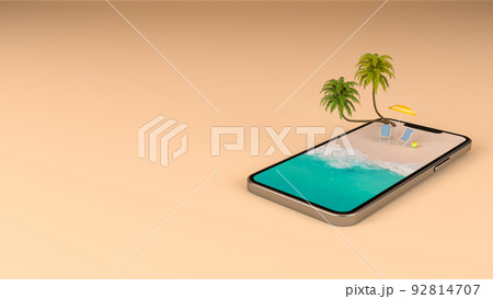 Summer vacation beach holiday travel destination on mobile phone screen, 3d rendering 92814707
