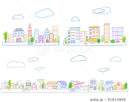 街並み ビル マンション景観：カラフルでシンプルな手描きイラストセット 92814806