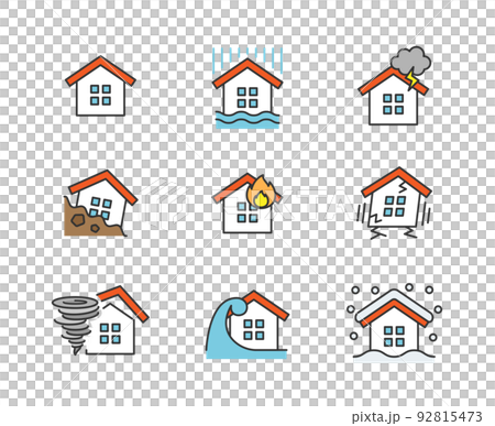 住宅の様々な災害のアイコン(線あり) 住宅の様々な災害のアイコン(線あり) 92815473