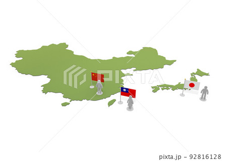 台湾と中国と日本 世界地図と関係性 国旗と人物 のイラスト素材