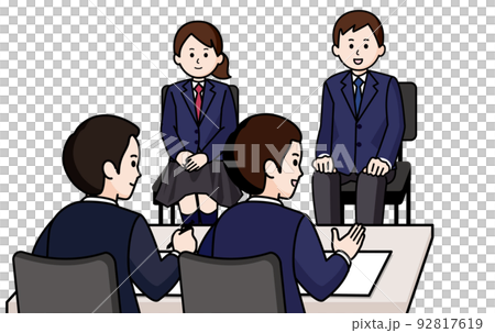 接受小組面試的男女學生 兩名男面試官 接受小組面試的男女學生 兩名男面試官 92817619