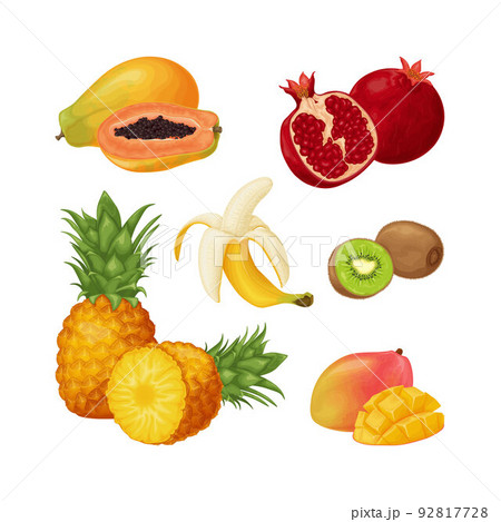 Tropical fruit set. A collection of tropical fruits such as papaya, pomegranate, banana and pineapple, kiwi and mango. Vector illustration 92817728