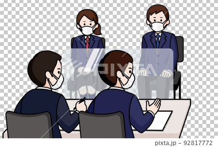 Male and female students wearing masks and undergoing group interviews Two male interviewers 92817772