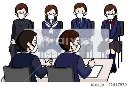 マスクをしてグループ面接を受ける男女の学生 面接官男性二人 マスクをしてグループ面接を受ける男女の学生 面接官男性二人 92817979
