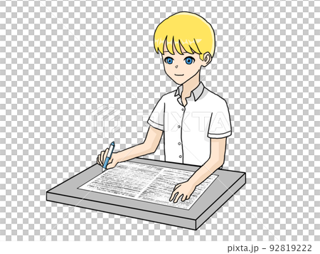 Illustration of a Caucasian man drawing something by hand on a document Illustration of a Caucasian man drawing something by hand on a document 92819222