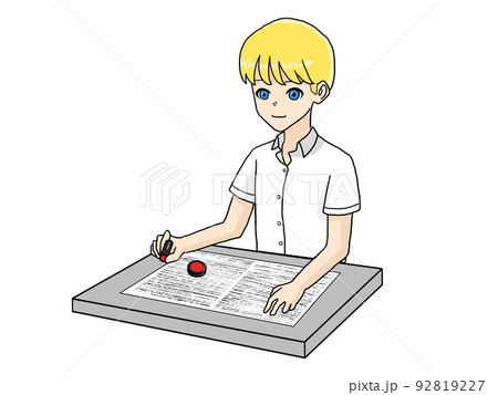 書類にハンコを押す白人男性のイラスト2 書類にハンコを押す白人男性のイラスト2 92819227