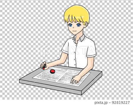 書類にハンコを押す白人男性のイラスト2 書類にハンコを押す白人男性のイラスト2 92819227