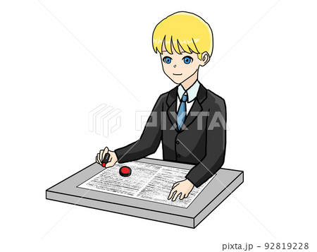 書類にハンコを押す白人男性のイラスト 書類にハンコを押す白人男性のイラスト 92819228